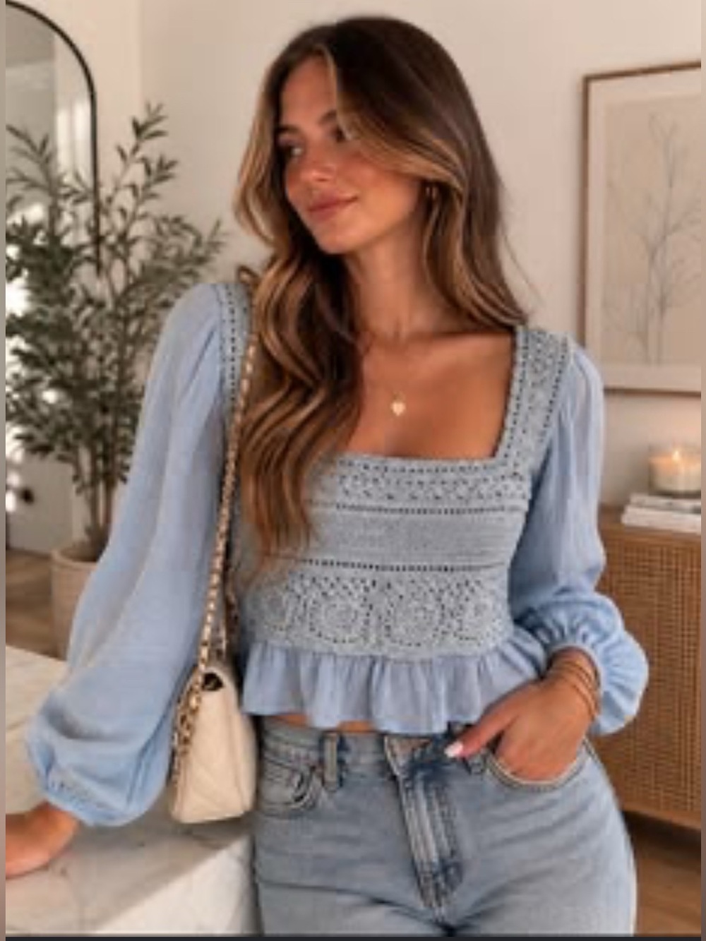 American Eagle size Medium Light Blue Cottagecore Crochet Peasant Boho Blouse